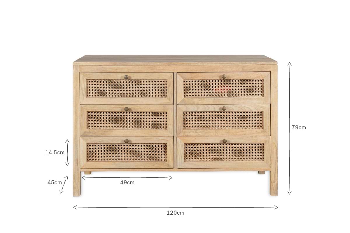 The Kanz Mango Wood Chest Of Drawers by nkuku features six spacious drawers in two columns, each with woven rattan cane panels and round knobs. Made of light mango wood. Size: 120cm W x 79cm H x 45cm D; drawers: 49cm x 14.5cm.