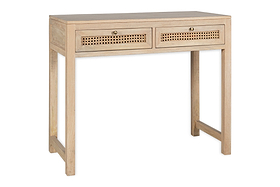 The nkuku Kanz Mango Wood Writing Desk - Natural features clean lines, two drawers with woven rattan fronts and metal knobs, sturdy straight legs, and a minimalistic modern look—ideal for a stylish home office.