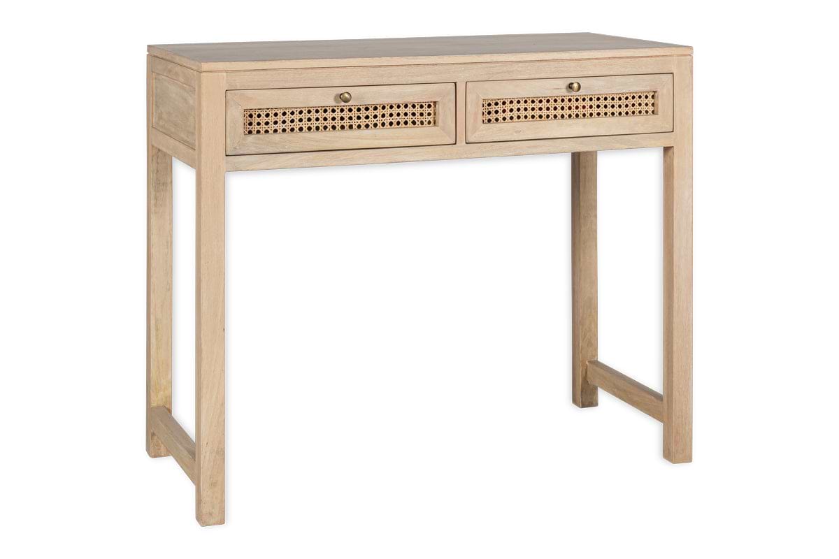 The nkuku Kanz Mango Wood Writing Desk - Natural features clean lines, two drawers with woven rattan fronts and metal knobs, sturdy straight legs, and a minimalistic modern look—ideal for a stylish home office.