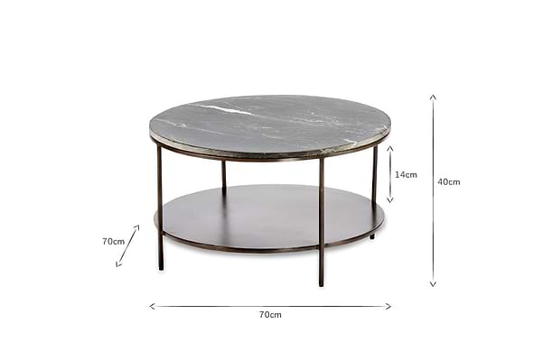 The Karoko Marble Coffee Table by nkuku features a round black marble top, slim iron legs, and a lower metal shelf set 14cm below. Measuring 70cm in diameter and 40cm tall, it boasts a simple, modern design.