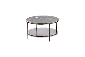 The Karoko Marble Coffee Table by nkuku features a round, black marble top, thin iron legs, and a circular metal shelf below. Its minimalist design and iron framework offer a sleek, modern look against the plain white background.