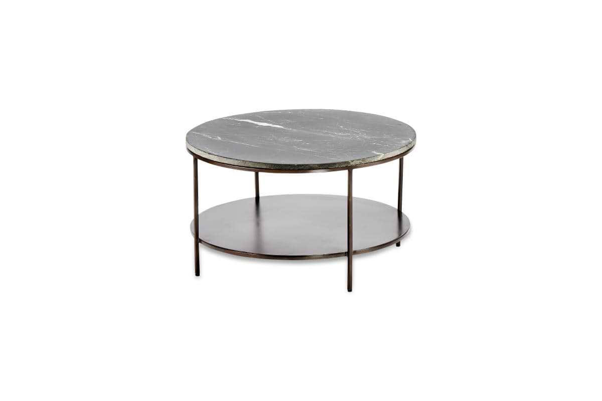 The Karoko Marble Coffee Table by nkuku features a round, black marble top, thin iron legs, and a circular metal shelf below. Its minimalist design and iron framework offer a sleek, modern look against the plain white background.