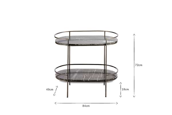 The Karoko Marble Drinks Table by nkuku is a two-tier oval black marble piece with slim black metal legs and rails. It measures 84cm W x 49cm D x 72cm H, with an 18cm gap below the lower shelf and arrows indicating each size.