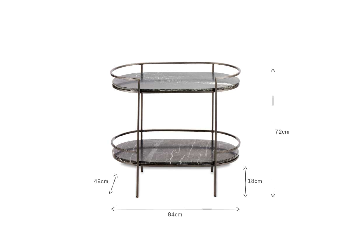 The Karoko Marble Drinks Table by nkuku is a two-tier oval black marble piece with slim black metal legs and rails. It measures 84cm W x 49cm D x 72cm H, with an 18cm gap below the lower shelf and arrows indicating each size.