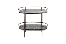 The Karoko Marble Drinks Table by nkuku features two oval, black marble-effect tiers with tubular rims and slim black metal legs. This modern, minimalist piece is perfect for entertaining and stands out against a white background.