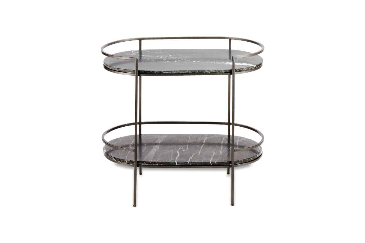 The Karoko Marble Drinks Table by nkuku features two oval, black marble-effect tiers with tubular rims and slim black metal legs. This modern, minimalist piece is perfect for entertaining and stands out against a white background.