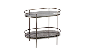 The Karoko Marble Drinks Table by nkuku features two oval black marble shelves and a slim, bronze-finished metal frame with rounded edges—perfect for stylish, modern entertaining.