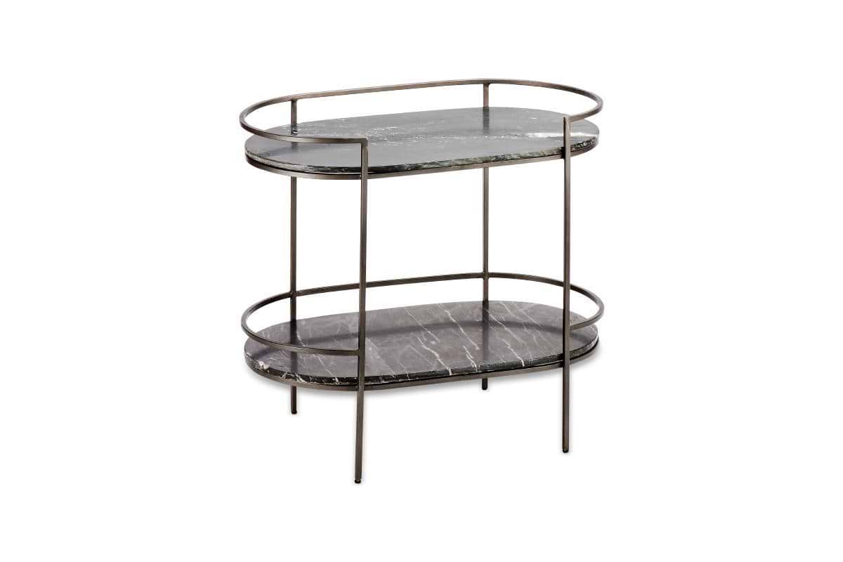 The Karoko Marble Drinks Table by nkuku features two oval black marble shelves and a slim, bronze-finished metal frame with rounded edges—perfect for stylish, modern entertaining.