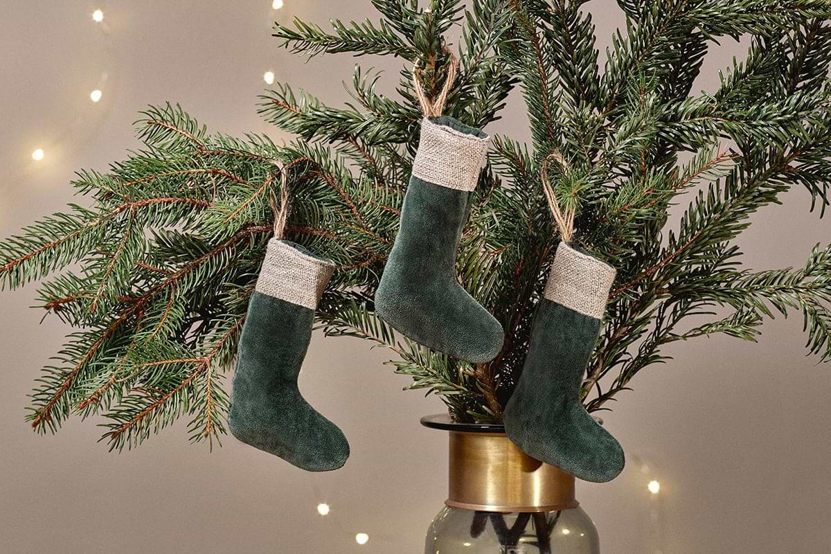 Karru Cotton Velvet Mini Stocking - Forest Green - (Set of 3)-CHRISTMAS DECORATIONS-Nkuku