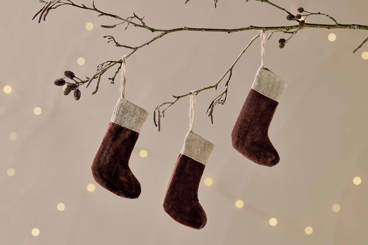 Karru Cotton Velvet Mini Stocking - Rich Mocha - (Set of 3)-CHRISTMAS DECORATIONS-Nkuku