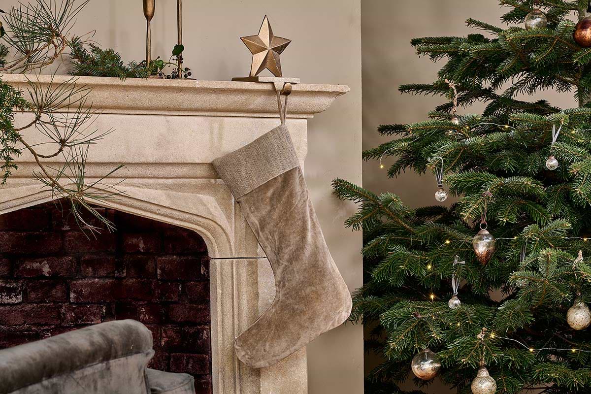 Karru Cotton Velvet Stocking - Light Grey-CHRISTMAS DECORATIONS-Nkuku
