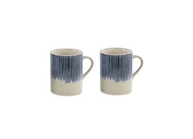 The nkuku Karuma Ceramic Mug - Large (Set of 2) features handmade mugs with handles and a vertical blue stripe design fading into a cream base, displayed on a plain white background.