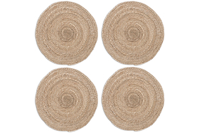 The nkuku Keso Woven Placemats - Natural (Set of 4) are round, feature a spiral pattern in natural tan fibers, and are shown in a 2x2 grid on a white background. Ideal for minimalist table decor.