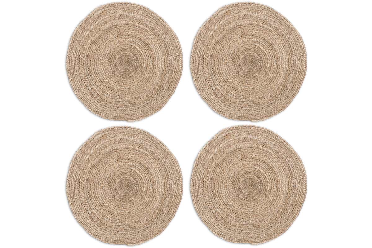 The nkuku Keso Woven Placemats - Natural (Set of 4) are round, feature a spiral pattern in natural tan fibers, and are shown in a 2x2 grid on a white background. Ideal for minimalist table decor.