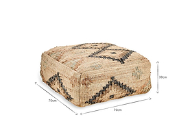 The nkuku Kesu Kilim Pouf - Large is a square, beige pouf with a textured woven surface and black geometric patterns, measuring 70cm x 70cm x 30cm.