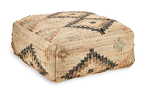 The nkuku Kesu Kilim Pouf - Large is a square, flat pouf with textured beige fabric. Its black, gray, and brown geometric patterns lend a rustic Southwestern vibe—ideal for extra seating or as a cozy footrest.