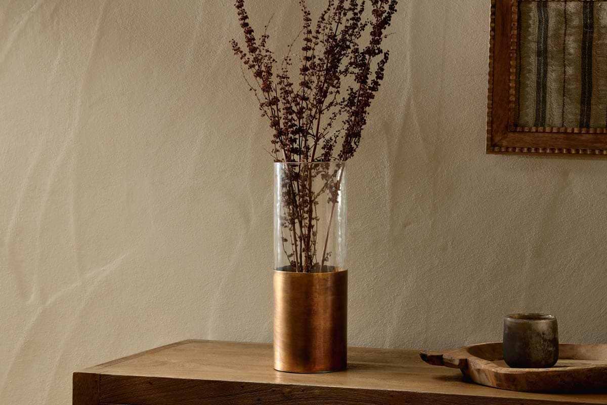 Khila Metal & Glass Vase - Clear & Antique Brass-VASES & PLANTERS-Nkuku