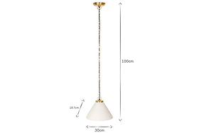The Kiara Organic Shape Ceramic Pendant Light by nkuku features an off-white, 30 cm wide and 18.7 cm tall conical ceramic shade with antique brass detailing and a 100 cm hanging length—ideal for kitchen lighting.