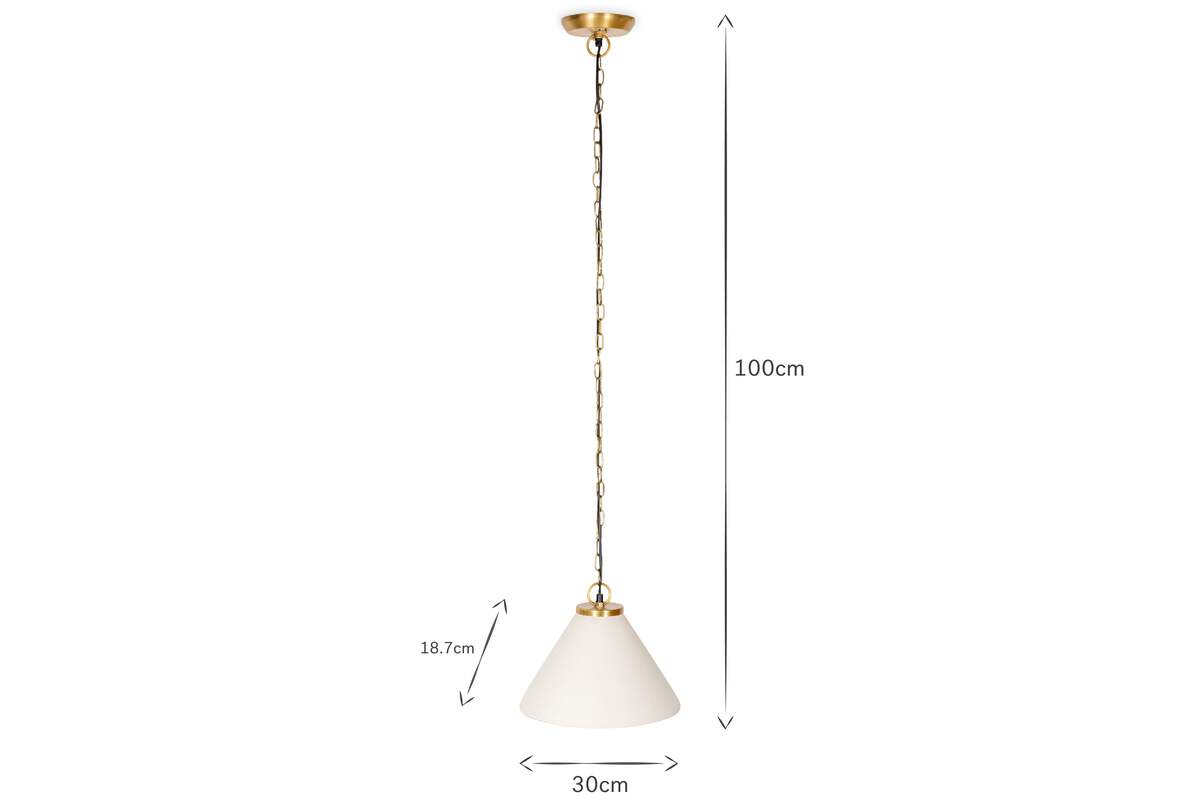 The Kiara Organic Shape Ceramic Pendant Light by nkuku features an off-white, 30 cm wide and 18.7 cm tall conical ceramic shade with antique brass detailing and a 100 cm hanging length—ideal for kitchen lighting.
