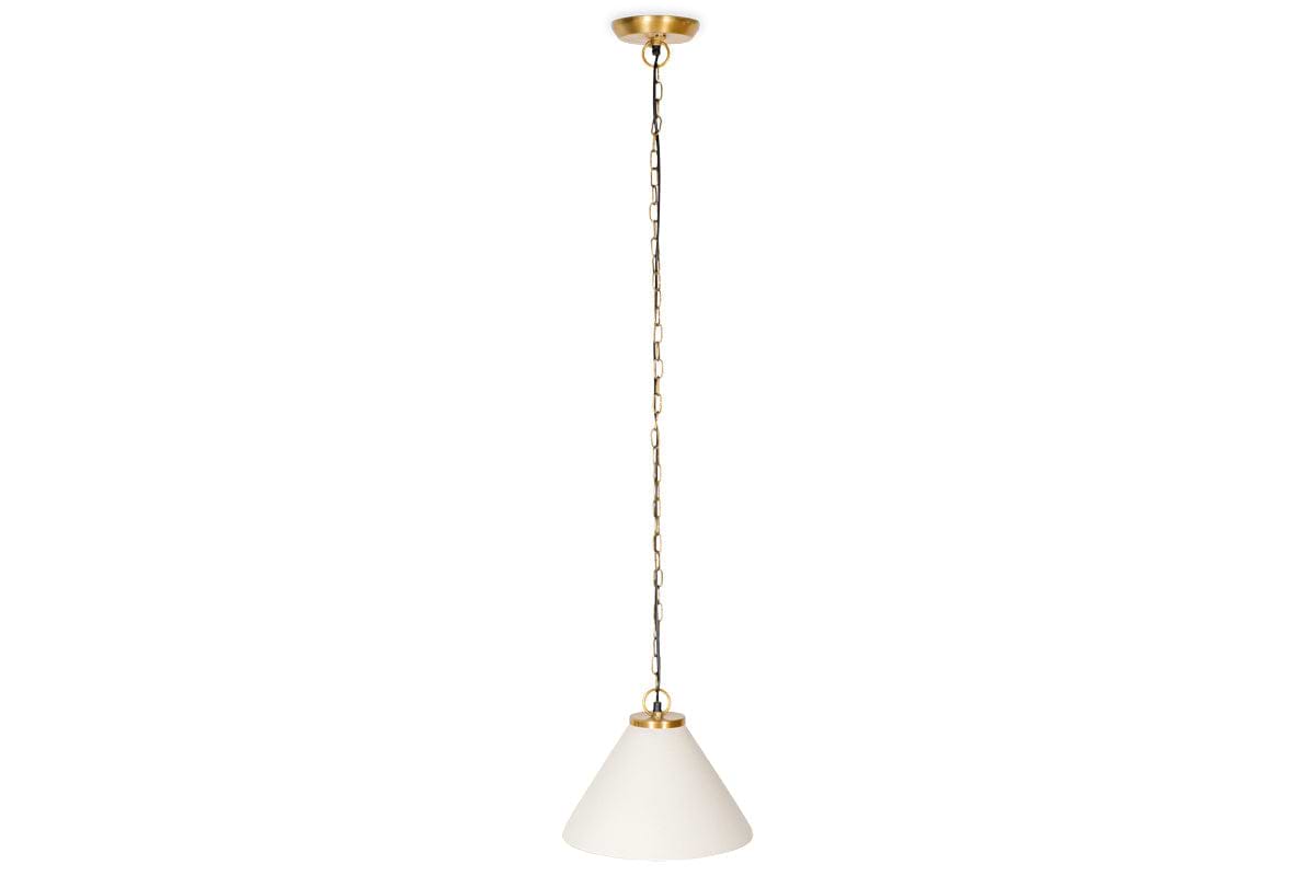 The Kiara Organic Shape Ceramic Pendant Light by nkuku features a conical off-white shade and antique brass accents, creating a minimalist modern look. This handcrafted light is perfect for kitchens, blending elegant simplicity with contemporary style.