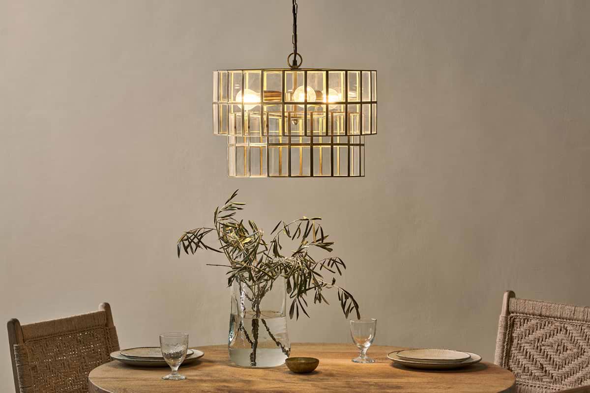 Kirindi Glass Panelled Chandelier - Clear & Antique Brass-LIGHTS-Nkuku