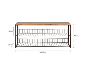 The nkuku Kiyoma Iron & Wood Low Standing Shelves - Natural feature a mango wood top, black metal frame, and two wire shelves (top: 23 cm high, bottom: 29 cm high). Overall dimensions: 52 cm H x 119.5 cm W. Shown on a white background.