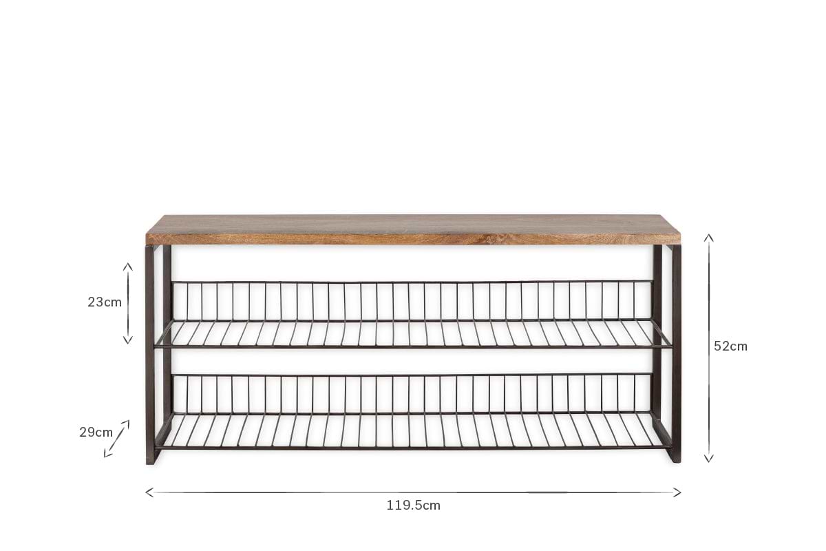 The nkuku Kiyoma Iron & Wood Low Standing Shelves - Natural feature a mango wood top, black metal frame, and two wire shelves (top: 23 cm high, bottom: 29 cm high). Overall dimensions: 52 cm H x 119.5 cm W. Shown on a white background.