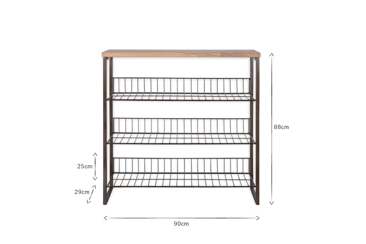 The Kiyoma Iron & Wood Tall Standing Shelves - Natural by nkuku is a four-tier unit with a wooden top, standing 88 cm tall and 90 cm wide. It features an industrial look with wire frame shelves—three at 25 cm high, one at 29 cm.