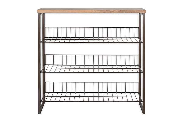 The nkuku Kiyoma Iron & Wood Tall Standing Shelves - Natural features a four-tier black metal frame with wire shelves and a light mango wood top, blending industrial style and practical storage for any room.