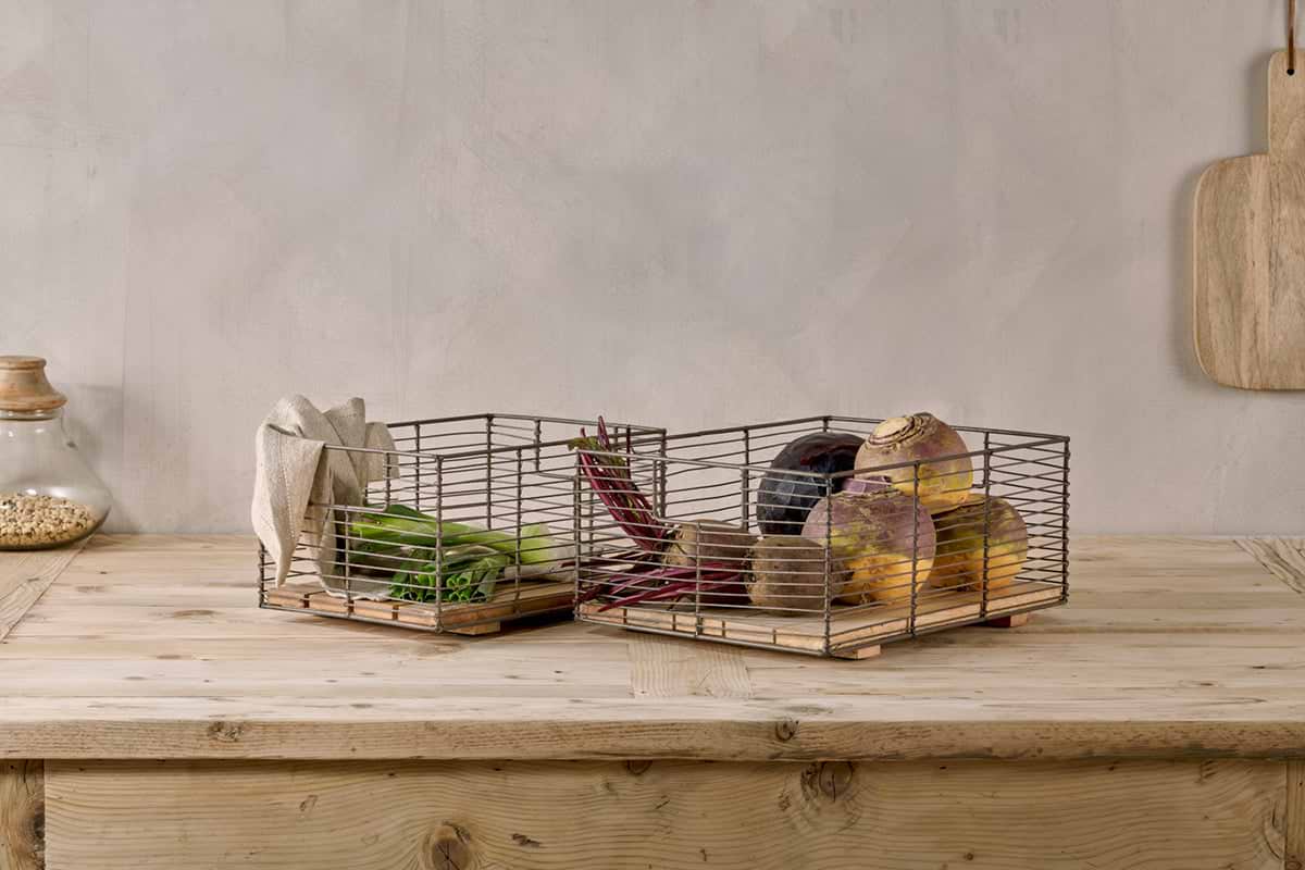 Kochi Iron & Mango Wood Baskets - Brown (Set of 2)-KITCHEN STORAGE & UTILITY-Nkuku