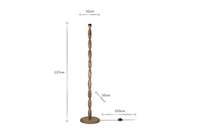 The Konali Mango Wood Floor Lamp - Ash Stain by nkuku features a carved rounded mango wood base, stands 137cm tall, 30cm wide, and comes with a black switch on a 350cm orange cord. Dimensions are shown with arrows. Perfect for stylish home lighting.