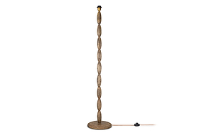The nkuku Konali Mango Wood Floor Lamp - Ash Stain has a tall, slim mango wood stem with textured oval segments and a round base, plus an orange cord and exposed socket for a modern look—no lampshade needed.