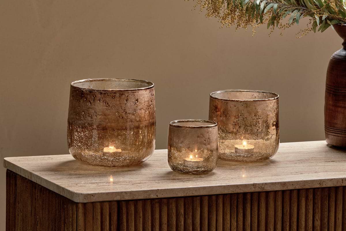 Konara Glass Tealight Holder - Copper Smoke-CANDLES HOLDERS & LANTERNS-Nkuku