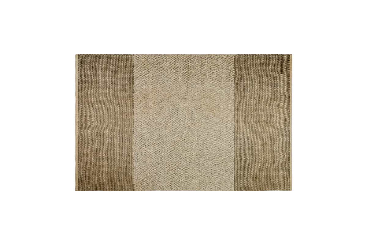 A flat lay of the nkuku Kufri Jute Rug in Soft Blue & Brown features three vertical stripes—dark brown outer stripes and a light tan center—set against a white background.