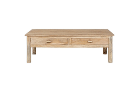 The Laali Grooved Mango Wood Coffee Table by nkuku features a minimalist rectangular design in natural mango wood, two front storage drawers with simple handles, and four straight legs, shown against a plain white background.