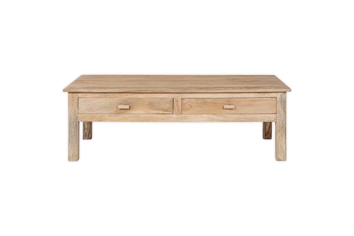 The Laali Grooved Mango Wood Coffee Table by nkuku features a minimalist rectangular design in natural mango wood, two front storage drawers with simple handles, and four straight legs, shown against a plain white background.