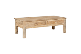 The Laali Grooved Mango Wood Coffee Table by nkuku features sustainable mango wood with a light natural finish, four sturdy legs, two front storage drawers with simple rectangular handles, and a clean design that highlights the wood grain. Plain white background.
