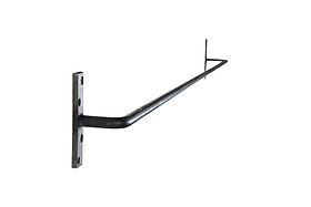 The Laila Hanging Rail - Iron by nkuku features a black metal handrail bracket with a rectangular mounting plate, four screw holes, and a handmade steel rail that extends outward at a right angle to support a long straight bar. Plain white background.