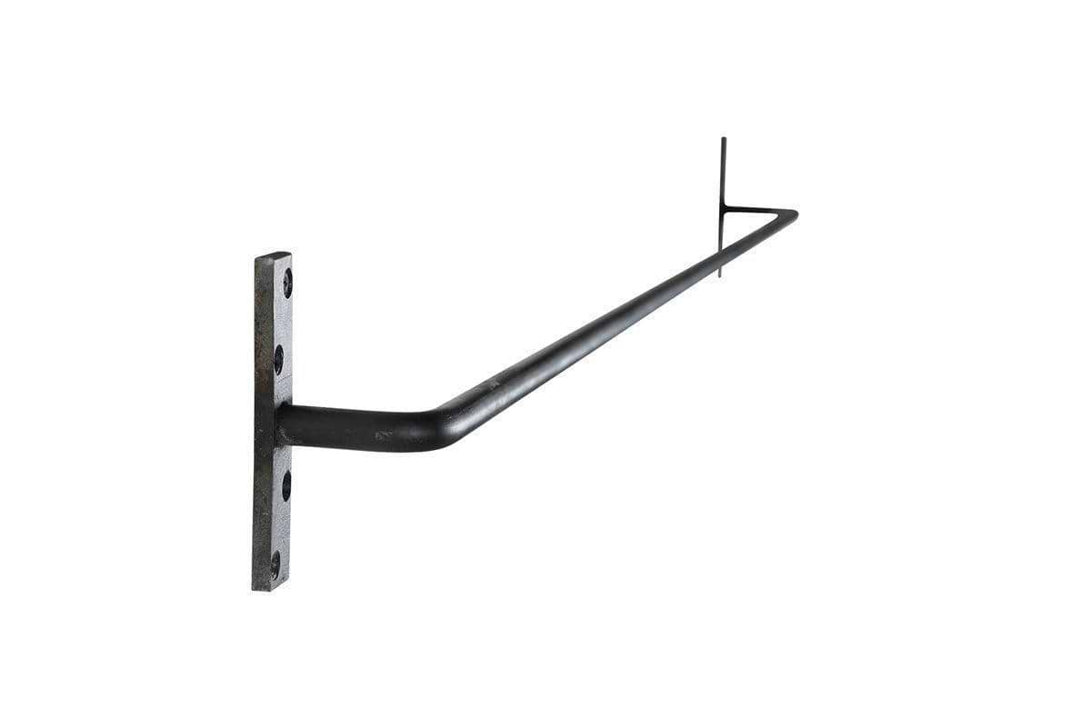 The Laila Hanging Rail - Iron by nkuku features a black metal handrail bracket with a rectangular mounting plate, four screw holes, and a handmade steel rail that extends outward at a right angle to support a long straight bar. Plain white background.