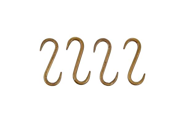 The nkuku Laila Iron S-Hooks in brass, sold as a set of 4, feature a smooth, rounded form and traditional design. Evenly spaced in a row on a white background, they’re ideal for use on iron hanging rails.