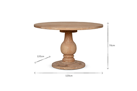 The Laya Round Carved Mango Wood Table - Small by nkuku is a 4-seater dining table with a single pedestal base, 120 cm diameter, and 76 cm height. It showcases a smooth natural finish and classic design. Dimensions shown on white background.