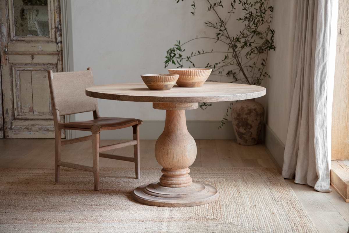 Laya Round Carved Mango Wood Table - Small-TABLES-Nkuku