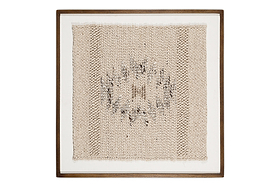 The Lena Textured Wall Art - Off White by nkuku features a square, open-knit beige fabric in a dark wood frame, showcasing an irregular circular pattern in darker thread on a white, subtly uneven background.