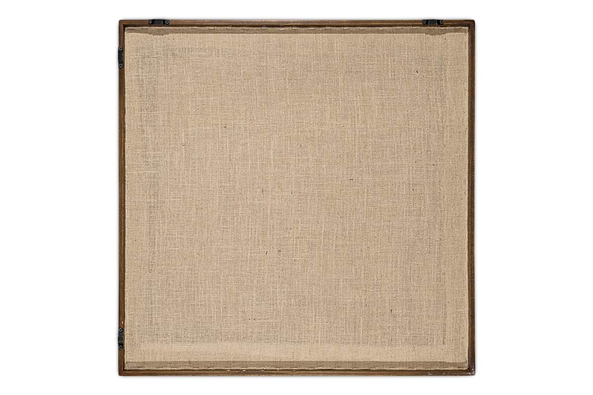 The Lena Textured Wall Art - Off White by nkuku features tightly woven, raw linen in a natural beige, set in a slim dark wood frame with metal accents on the corners—echoing Indian weaving decor and showcasing subtle, artisanal texture.