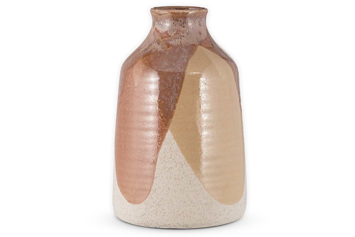 The Lucia Ceramic Vase - Terracotta Mix by nkuku features a narrow neck, rounded body, and slightly ridged texture. Its glossy surface displays abstract, wavy patterns in earthy tones, highlighting its artisan craftsmanship.