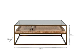 The Luzon Iron & Mango Wood Display Coffee Table by nkuku features a brass-finished metal frame, clear glass top, and two mango wood shelves. Its sleek, modern design measures 120×70×45 cm with clean lines for a contemporary touch.