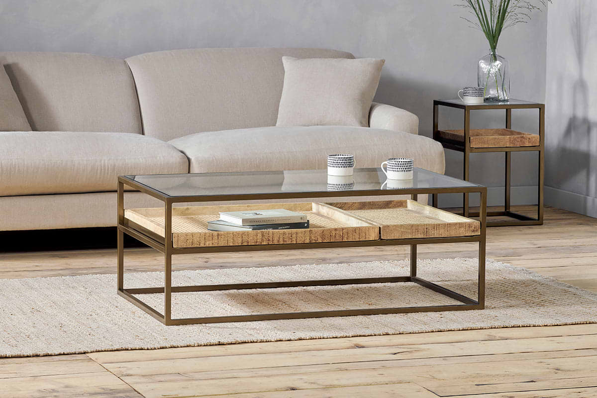 Luzon Iron & Mango Wood Display Coffee Table - Brass-TABLES-Nkuku