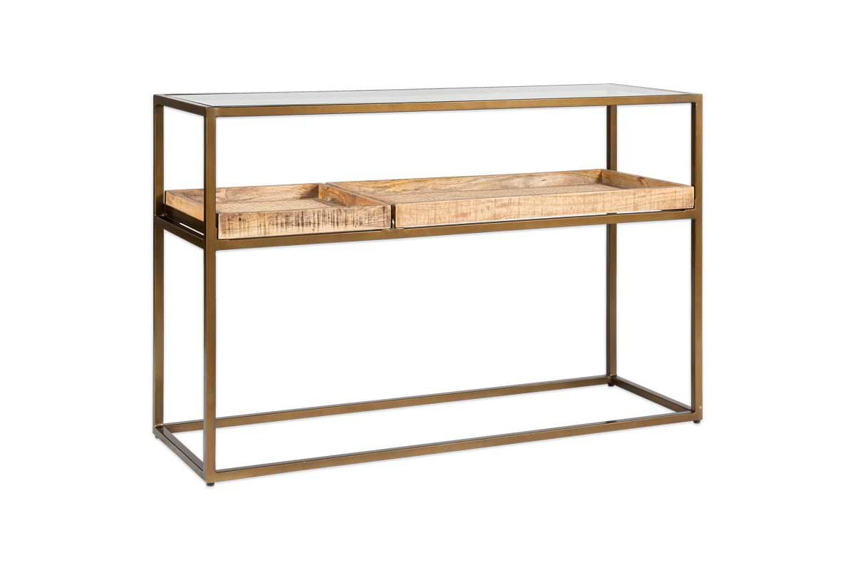 The Luzon Iron & Mango Wood Display Console Table by nkuku features a slim bronze-finished brass frame, two shallow wooden drawers side by side, a glass top, and an open rectangular minimalist design with clean lines.