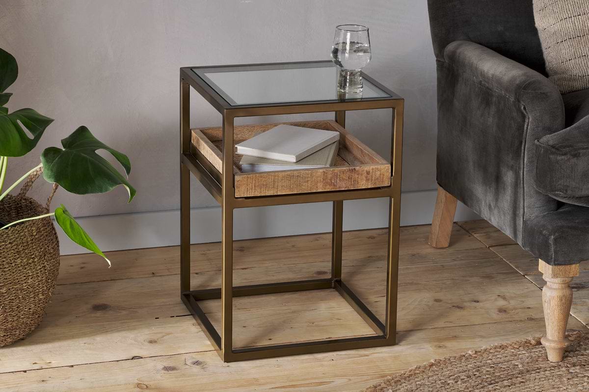 Luzon Iron & Mango Wood Display Side Table - Brass-TABLES-Nkuku