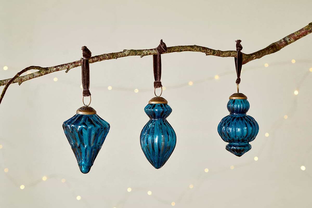 Manipur Baubles - Indigo (Set of 3)-CHRISTMAS DECORATIONS-Nkuku